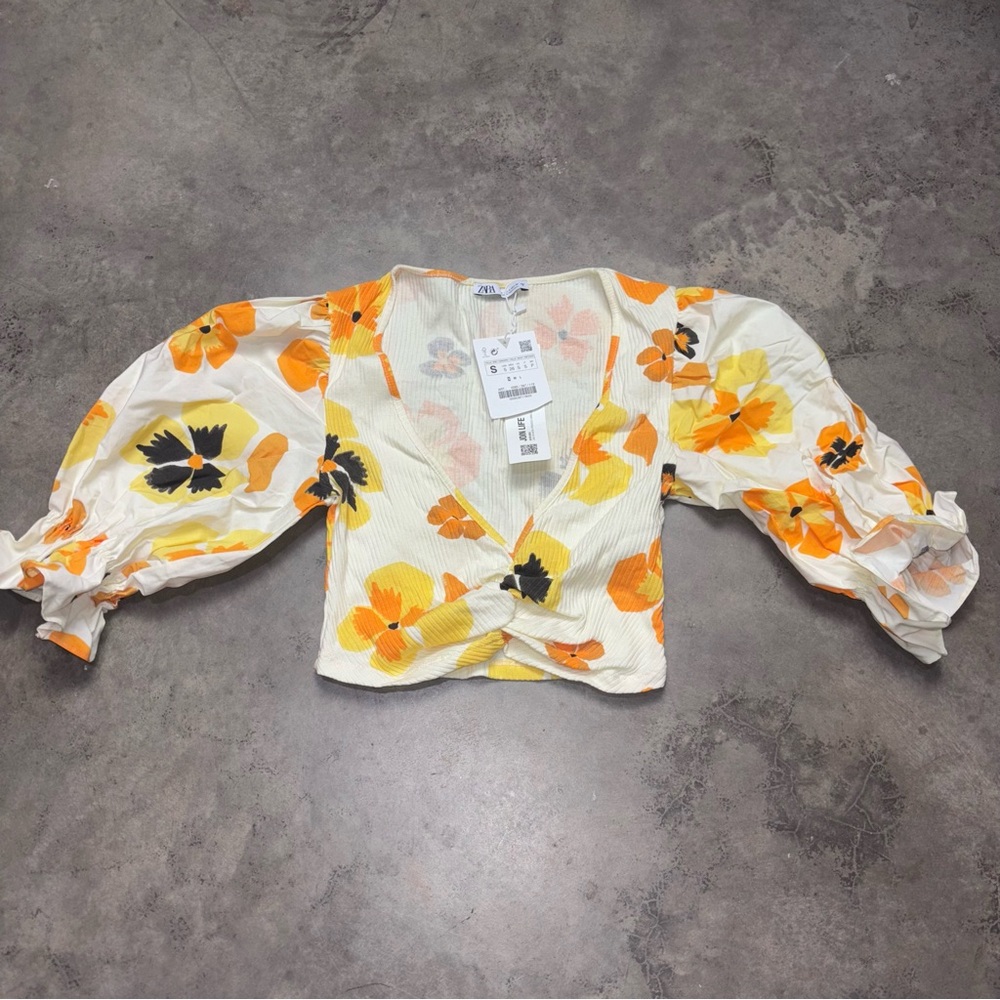 Zara Floral Twist Front Puff Sleeve Crop Top Orange Yellow Womens Small NWT